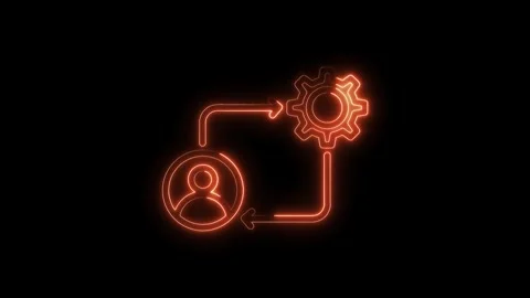 Glowing neon automation process flow chart with person icon and gear on black Stock Footage 316842401