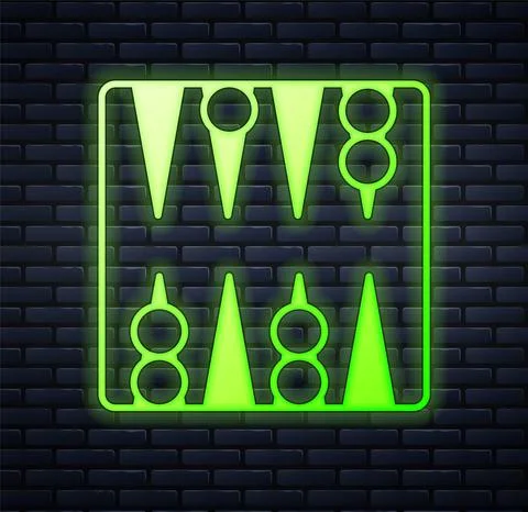 Glowing neon Backgammon board icon isolated on brick wall background. Vector Stock Illustration