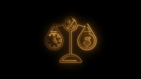 Glowing neon balance scale comparing time and money with percentage symbol on Video stock 333953452