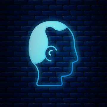 Glowing neon Baldness icon isolated on brick wall background. Alopecia.  Vect Stock Illustration