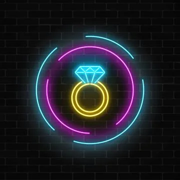 Glowing neon banner including a ring with a diamond on dark brick wall backgr Stock Illustration