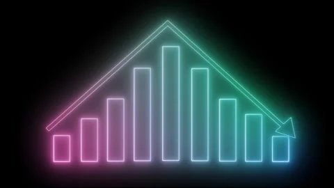 Glowing neon bar chart with peak in center and descending arrow forming a r.. Stock Footage 337077287