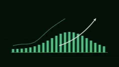 Glowing neon bar chart with a trend line and rising arrow, green neon Stock Footage 342595856