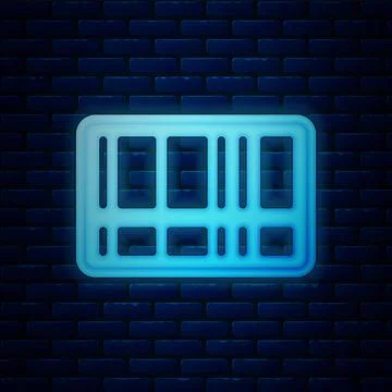 Glowing neon Barcode icon isolated on brick wall background. Vector Stock Illustration