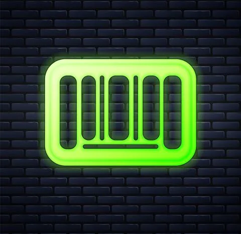 Glowing neon Barcode icon isolated on brick wall background. Vector Stock Illustration