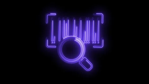 Glowing neon barcode scan animation with magnifying glass on black background Stock Footage 315961730
