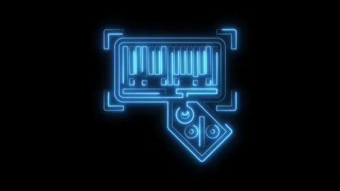 Glowing neon barcode scanner with discount symbol animated on a dark backgrou Stock Footage 316840752