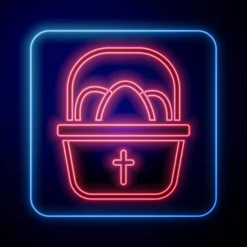 Glowing neon Basket with easter eggs icon isolated on black background. Happy Stock Illustration