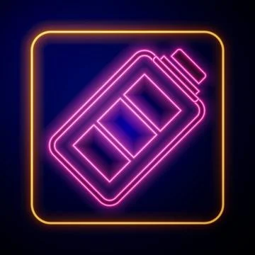Glowing neon Battery charge level indicator icon isolated on black background Stock Illustration