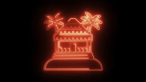 Glowing neon beach house icon isolated on black background. HD Video motion.. Stock Footage 314642379