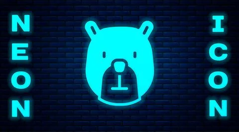 Glowing neon Bear head icon isolated on brick wall background.  Vector Stock Illustration