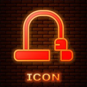 Glowing neon Bicycle lock U shaped industrial icon isolated on brick wall イラスト素材