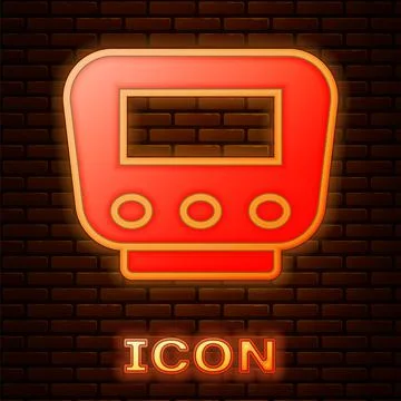 Glowing neon Bicycle speedometer icon isolated on brick wall background.  Vec Stock Illustration