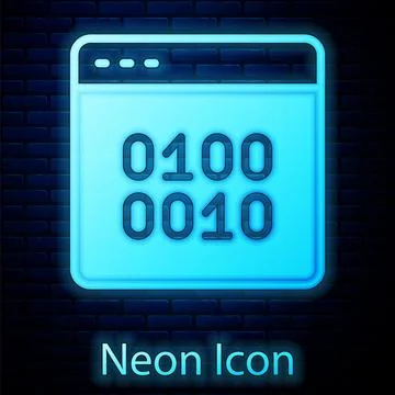 Glowing neon Binary code icon isolated on brick wall background. Vector Stock Illustration
