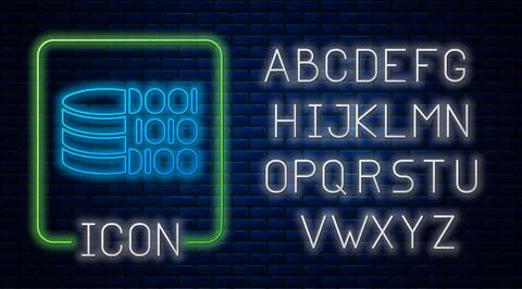 Glowing neon Binary code icon isolated on brick wall background. Neon light Stock Illustration