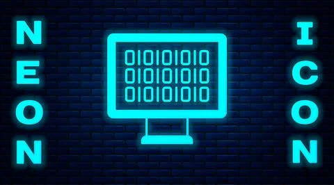 Glowing neon Binary code icon isolated on brick wall background. Vector Stock Illustration