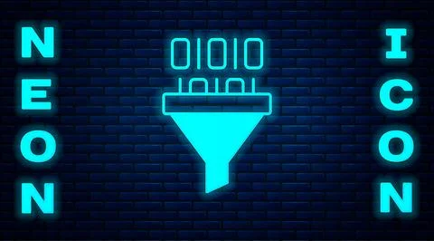 Glowing neon Binary code icon isolated on brick wall background.  Vector Stock Illustration