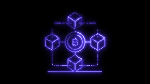 Glowing neon Bitcoin blockchain network structure with interconnected cubes.. Stock Footage 314709715