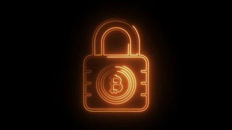 Glowing neon bitcoin encryption icon isolated on black background. HD Video.. Stock Footage 304535662