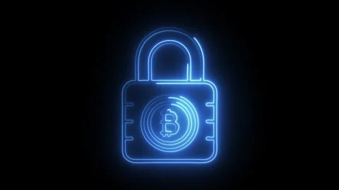 Glowing neon bitcoin encryption icon isolated on black background. HD Video.. Stock Footage 304535802