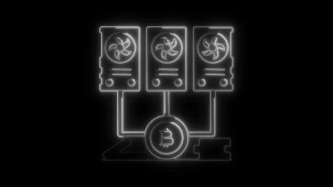 Glowing Neon Bitcoin Mining Rig Icon with Fans and Blockchain Symbol on Tra.. Stock Footage 314709595