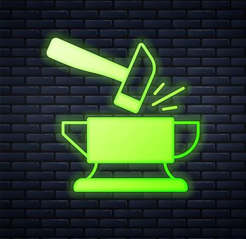 Glowing neon Blacksmith anvil tool and hammer icon isolated on brick wall Stock Illustration