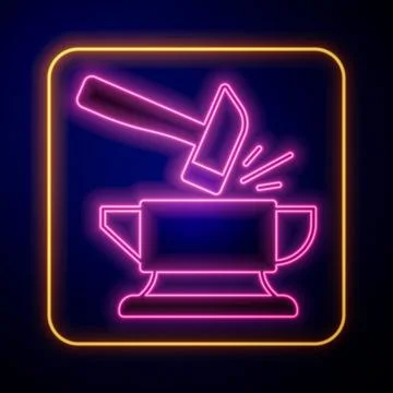 Glowing neon Blacksmith anvil tool and hammer icon isolated on black background Stock Illustration