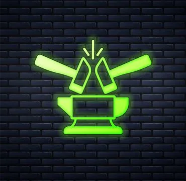 Glowing neon Blacksmith anvil tool and hammer icon isolated on brick wall bac イラスト素材