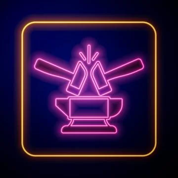 Glowing neon Blacksmith anvil tool and hammer icon isolated on black background Stock Illustration