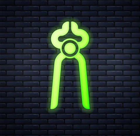Glowing neon Blacksmith pliers tool icon isolated on brick wall background Stock Illustration