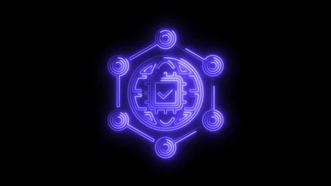 Glowing neon blockchain microchip verification on black background Stock Footage 308192769