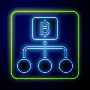 Glowing neon Blockchain technology Bitcoin icon isolated on blue background.  Stock Illustration