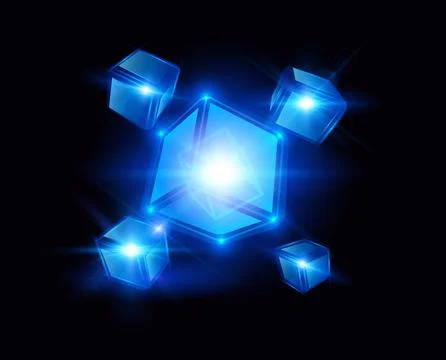 Glowing neon blue 3D cubes with light rays and highlights, different shapes. Stockillustratie