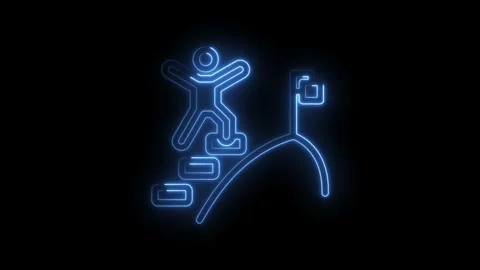Glowing neon blue abstract figure climbing stairs towards a flag on a hill .. Stock Footage 346010043