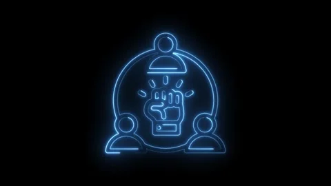 Glowing neon blue abstract icon representing teamwork collaboration and Stock Footage 333956878