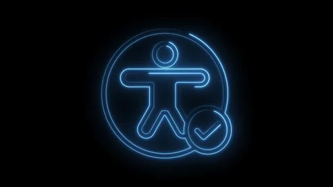 Glowing neon blue accessibility with checkmark symbol on black background r.. Stock Footage 346013748