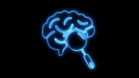 Glowing neon blue brain under magnifying glass icon. Stock-Footage 333080958