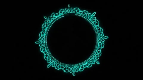 Glowing neon blue circular frame with ornate lace pattern Stock Footage 347585544