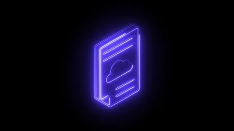 Glowing neon blue cloud icon on digital document outline isolated on black .. Stock Footage 314711234