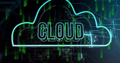 Glowing neon-blue cloud icon illuminating digital environment, with streaming 库存插图