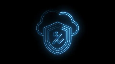 Glowing neon blue cloud shield with checkmark and cross symbols on black ba.. Stock Footage 346014211