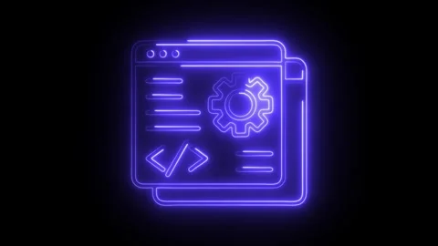 Glowing neon blue code icon with gear symbol and lines representing program.. Stock Footage 314713825