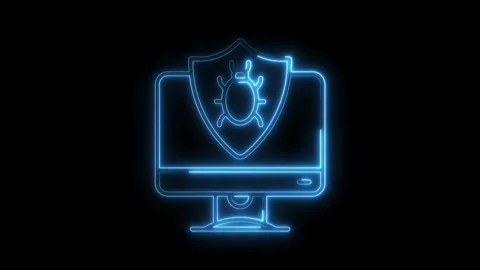 Glowing Neon Blue Computer Bug Shield Icon Isolated on Black Background Cyb.. Stockbeeldmateriaal 315657176