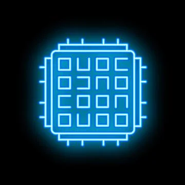 Glowing neon blue cpu microchip icon illustrating computer processing power Stock Illustration