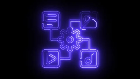 Glowing neon blue digital workflow process with gear icon connecting media .. Stock Footage 314714224