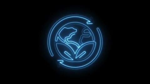 Glowing neon blue earth icon with circular arrows and leaves symbolizing Stock Footage 333952141