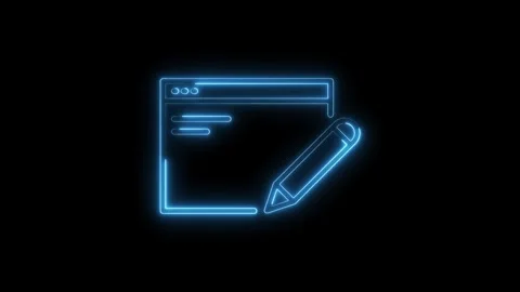 Glowing Neon Blue Edit Icon with Pencil and Web Browser Interface on Black .. Stock Footage 315654138