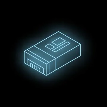 Glowing neon blue external hard drive icon on black background 스톡 일러스트