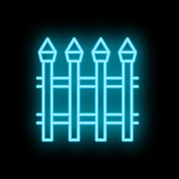 Glowing neon blue fence with sharp pickets on brick wall background Stock Illustration