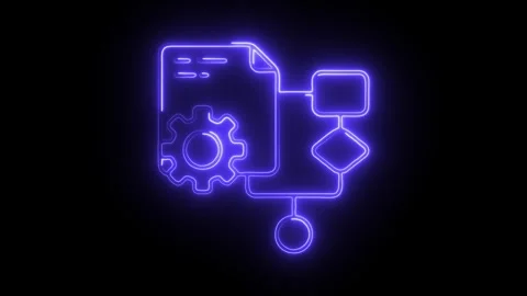 Glowing neon blue flowchart icon with gear and document symbol representing.. Stock Footage 314713619